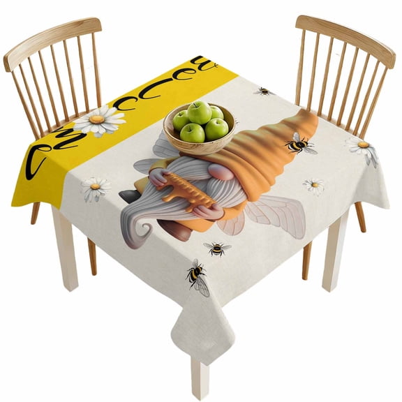 Square Tablecloths, Rustic Dwarf Bees Daisy Flower Honey Waterproof Table Cloths, Welcome Word Yellow Flax Spillproof Decorative Dining Table Covers for Kitchen,Indoor Parties, Camping 60x60in