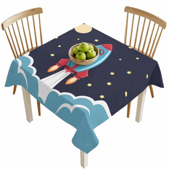 Square Tablecloths, Space Rocket Moon Star Waterproof Table Cloths, Cartoon Style Spillproof Decorative Dining Table Covers for Kitchen,Indoor Outdoor Parties, Camping 54x54in