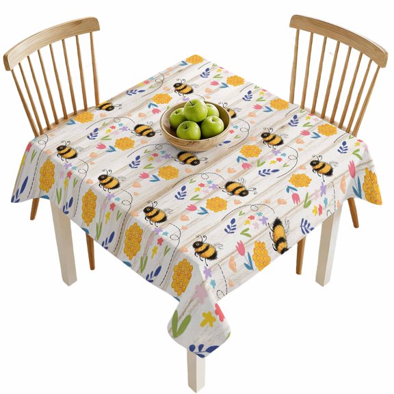 Square Tablecloths, Spring Wildflowers Bees Waterproof Table Cloths, Abstract Farm Animal Spillproof Decorative Dining Table Covers for Kitchen,Indoor Outdoor Parties, Camping 54x54in