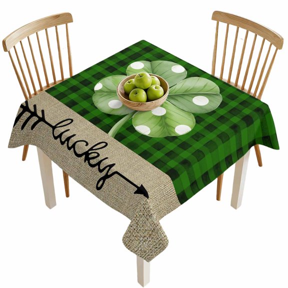Square Tablecloths, St. Patrick's Day Four Clovers Leaf Green Gingham Waterproof Table Cloths, Spring Shamrock Leaves Spillproof Decorative Dining Table Covers for Kitchen,Parties, Camping 54x54in