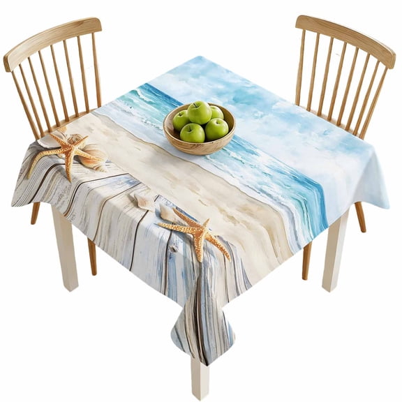 Square Tablecloths, Summer Beach Starfish Shell Waterproof Table Cloths, Blue Sea Ocean Spillproof Decorative Dining Table Covers for Kitchen,Indoor Outdoor Parties, Camping 54x54in