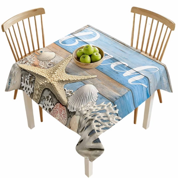 Square Tablecloths, Summer Beach Starfish Shell Waterproof Table Cloths, Farm Retro Wood Board Spillproof Decorative Dining Table Covers for Kitchen,Indoor Outdoor Parties, Camping 54x54in