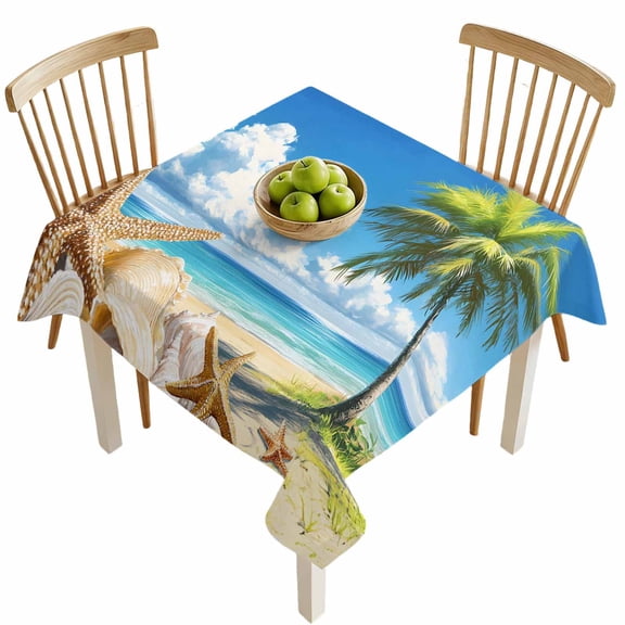 Square Tablecloths, Summer Beach Starfish Shell Waterproof Table Cloths, Palm Tree Tropical Leaves Spillproof Decorative Dining Table Covers for Kitchen,Indoor Outdoor Parties, Camping 54x54in