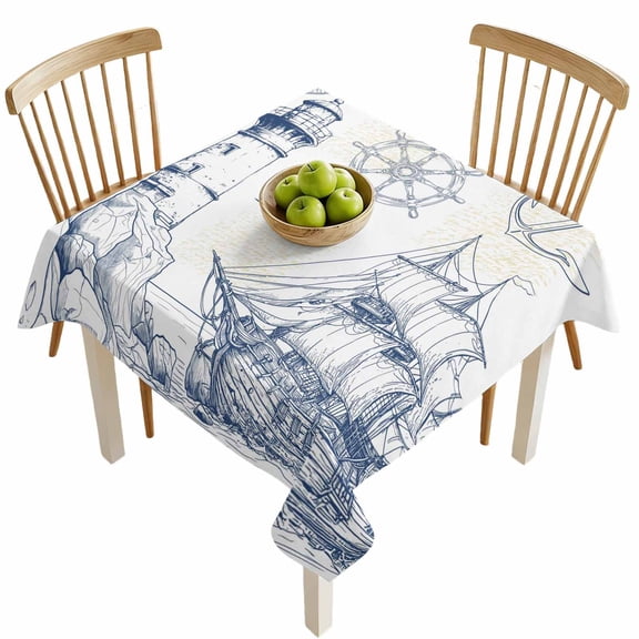 Square Tablecloths, Summer Coastal Retro Lighthouse Waterproof Table Cloths, Sailboat Compass Anchor Spillproof Decorative Dining Table Covers for Kitchen,Indoor Outdoor Parties, Camping 54x54in