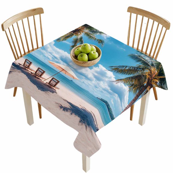 Square Tablecloths, Summer Coconut Trees Beach Vacation Waterproof Table Cloths, Blue Sea Spillproof Decorative Dining Table Covers for Kitchen,Indoor Outdoor Parties, Camping 54x54in