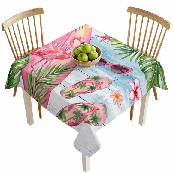 Square Tablecloths, Summer Flamingo Surfboard Waterproof Table Cloths, Beach Leaf Flower Blue Wood Spillproof Decorative Dining Table Covers for Kitchen,Indoor Outdoor Parties, Camping 54x54in