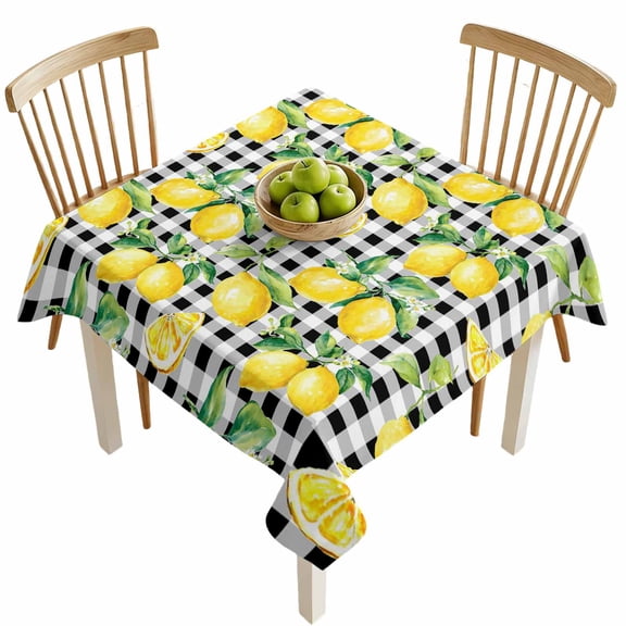 Square Tablecloths, Summer Lemon Fruit Farm Harvest Waterproof Table Cloths, Black White Buffalo Plaid Spillproof Decorative Dining Table Covers for Kitchen,Indoor Outdoor Parties, Camping 54x54in