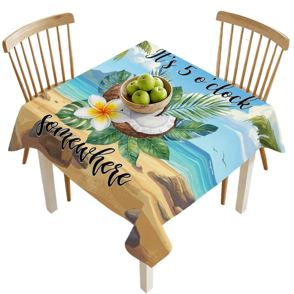 Square Tablecloths, Summer Ocean Beach Coconut Waterproof Table Cloths, Seaside Tropical Leaves Spillproof Decorative Dining Table Covers for Kitchen,Indoor Outdoor Parties, Camping 54x54in