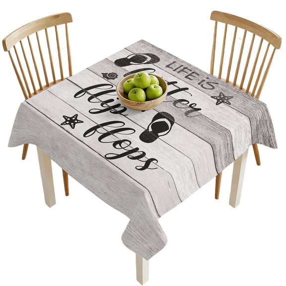 Square Tablecloths, Summer Ocean Theme Texts with Flip Flops Waterproof Table Cloths, Wooden Grain Spillproof Decorative Dining Table Covers for Kitchen,Indoor Outdoor Parties, Camping 54x54in