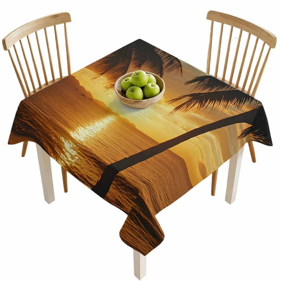 Square Tablecloths, Summer Ocean Wave Palm Tree Waterproof Table Cloths, Seaside Beach Sunset Spillproof Decorative Dining Table Covers for Kitchen,Indoor Outdoor Parties, Camping 54x54in