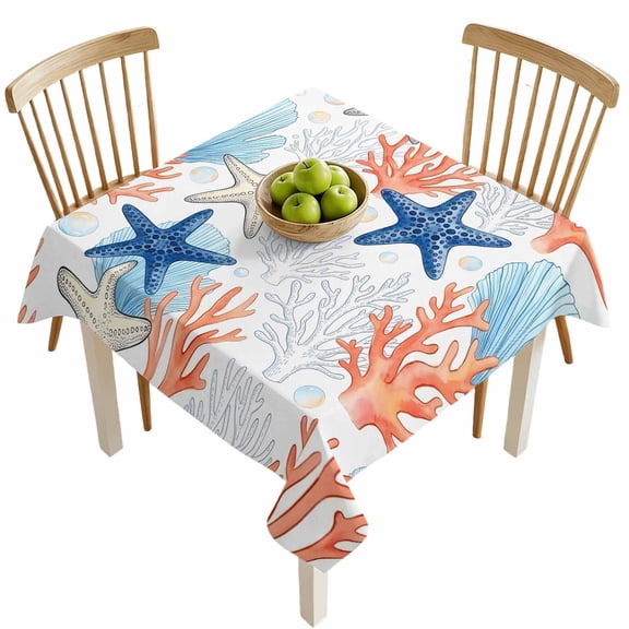 Square Tablecloths, Summer Starfish Coral Shell Bubble Waterproof Table Cloths, Underwater Marine Creature Spillproof Decorative Dining Table Covers for Kitchen,Indoor Parties, Camping 54x54in