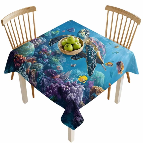 Square Tablecloths, Underwater Sea Turtle Coral Fish Waterproof Table Cloths, Summer Ocean Water Spillproof Decorative Dining Table Covers for Kitchen,Indoor Outdoor Parties, Camping 54x54in
