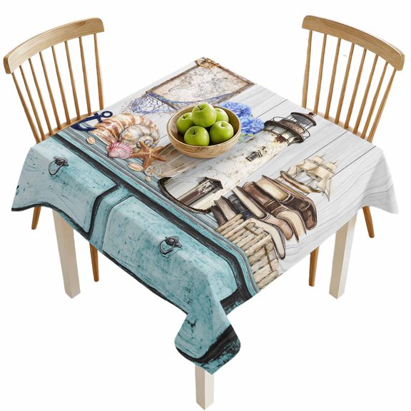 Square Tablecloths, Vintage Lighthouse Anchor Flower Waterproof Table Cloths, Shell Starfish on Desk Spillproof Decorative Dining Table Covers for Kitchen,Indoor Outdoor Parties, Camping 54x54in
