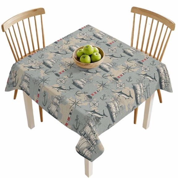 Square Tablecloths, Vintage Sailing Boat Lighthouse Waterproof Table Cloths, Nautical Compass Anchor Spillproof Decorative Dining Table Covers for Kitchen,Indoor Outdoor Parties, Camping 54x54in