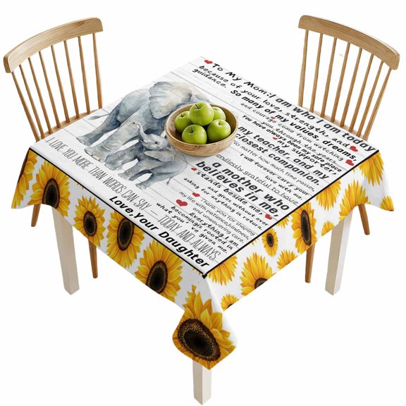 Square Tablecloths, Warm Elephant Family Waterproof Table Cloths, Watercolor Farm Sunflowers Spillproof Decorative Dining Table Covers for Kitchen,Indoor Outdoor Parties, Camping 54x54in