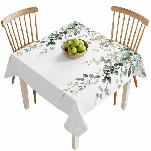 Square Tablecloths, Watercolor Spring Eucalyptus Leaves Waterproof Table Cloths, Botanical Leaf on White Spillproof Decorative Dining Table Covers for Kitchen,Indoor Outdoor Parties, Camping 54x54in
