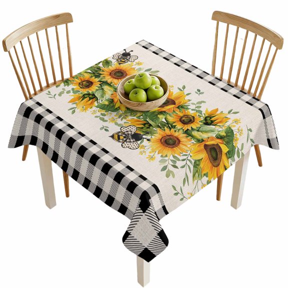 Square Tablecloths, Watercolor Sunflower Bee Green Leaves Waterproof Table Cloths, Black Buffalo Plaid Spillproof Decorative Dining Table Covers for Kitchen,Indoor Outdoor Parties, Camping 54x54in
