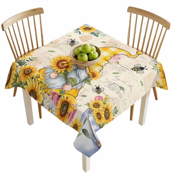 Square Tablecloths, Watercolor Sunflower Gnome Bee Waterproof Table Cloths, Vintage Letter Spillproof Decorative Dining Table Covers for Kitchen,Indoor Outdoor Parties, Camping 54x54in