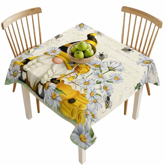 Square Tablecloths, White Daisy Pastoral Gnome Bee Waterproof Table Cloths, Summer Honey Hive Spillproof Decorative Dining Table Covers for Kitchen,Indoor Outdoor Parties, Camping 54x54in