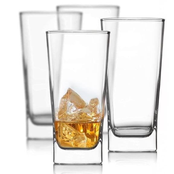 Square Tall Drinking Glass Set, 4 Piece, Everyday Kitchen Drinkware for Cocktails, Coffee, Beer, Tea, Water