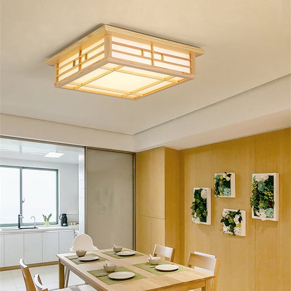 Square Tatami Ceiling Light, Chinese Japanese Grid Lamp w/Remote, Wood Square Tatami LED Ceiling Light, Minimalist Wood Ceiling Lamp for Bedroom, Living Room, Dining Room, and Kitchen
