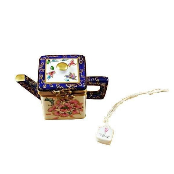Square Teapot with Blue Spout Handle Limoges Box Porcelain Figurine
