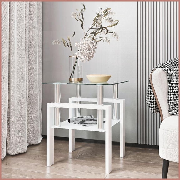 Square Tempered Glass Coffee Table for Living Room, Transparent White, Easy-Clean & Quick Assembly