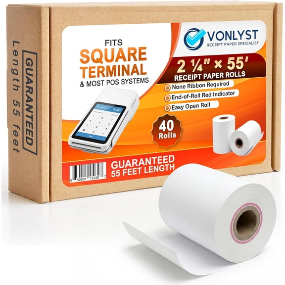 Square Terminal Paper Rolls 2 1/4" x 55' –  BPA Free Thermal Receipt Paper for Square Credit Card Machine POS Printer, 40 Pack
