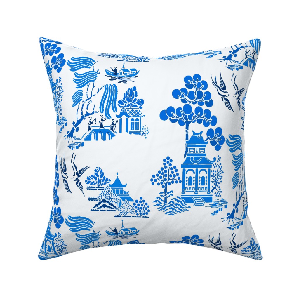 Square Throw Pillow, 18", Linen Cotton Canvas Chinoiserie Villages