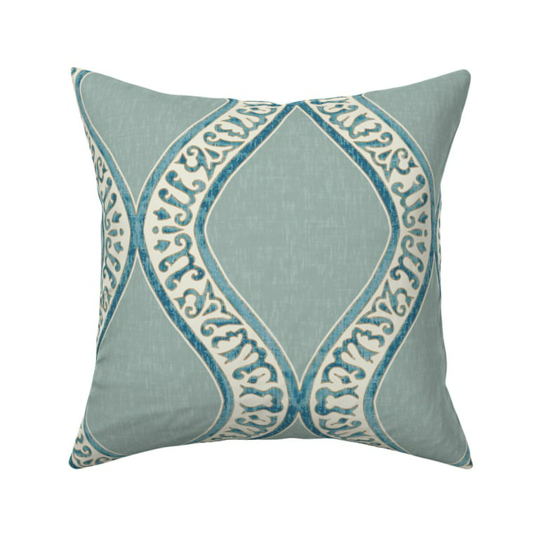 Square Throw Pillow, 18, Linen Cotton Canvas - Mineral Green Sage Blue  India Stripe Traditional Medieval Renaissance Print Throw Pillow Cover  w/Insert by Spoonflower 