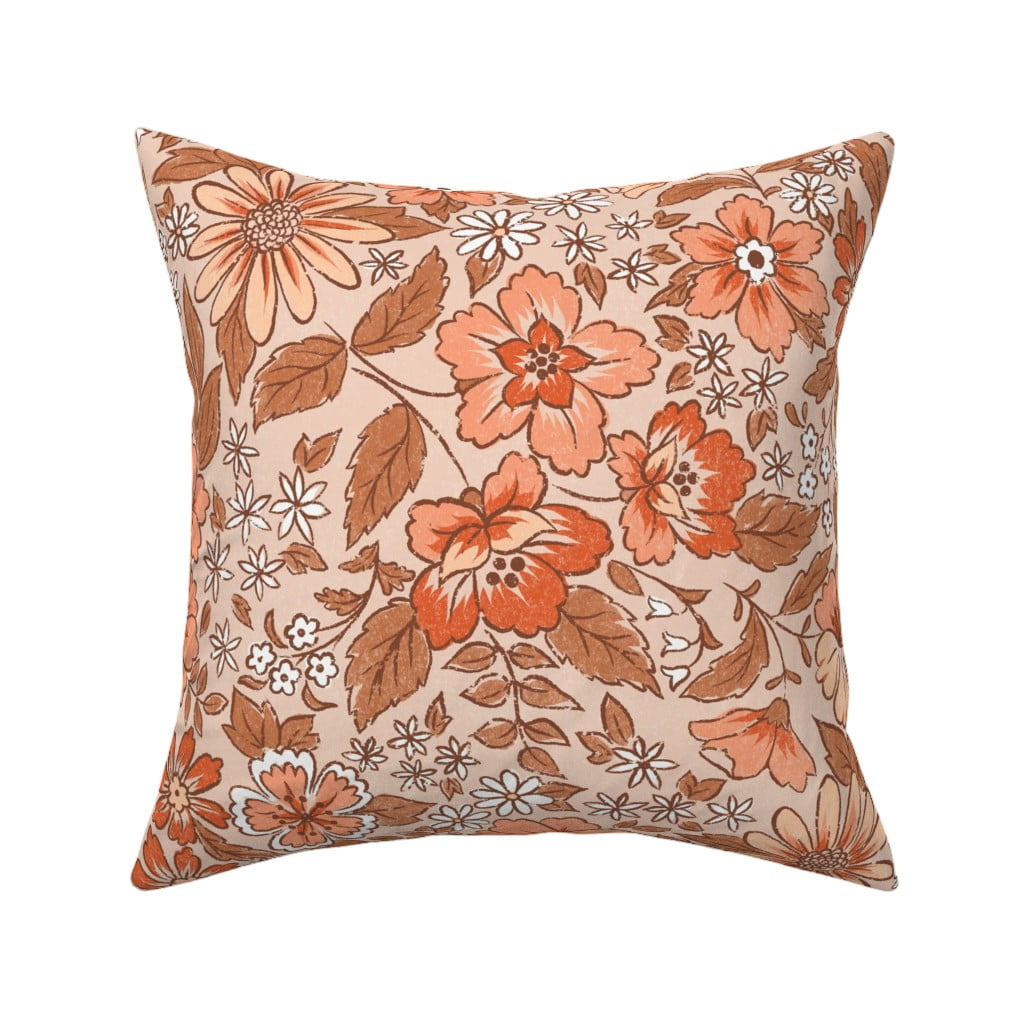 Square Throw Pillow, 18", Velvet Extra Large Rust Vintage Floral