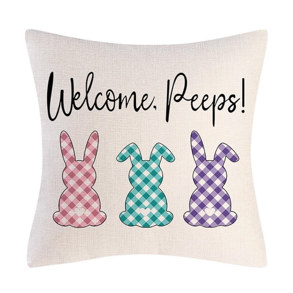Square Throw Pillow Cover with Welcome Peeps Letter Print and Three Plaid Bunny Pattern for Sofa Bed Chair Home Decor