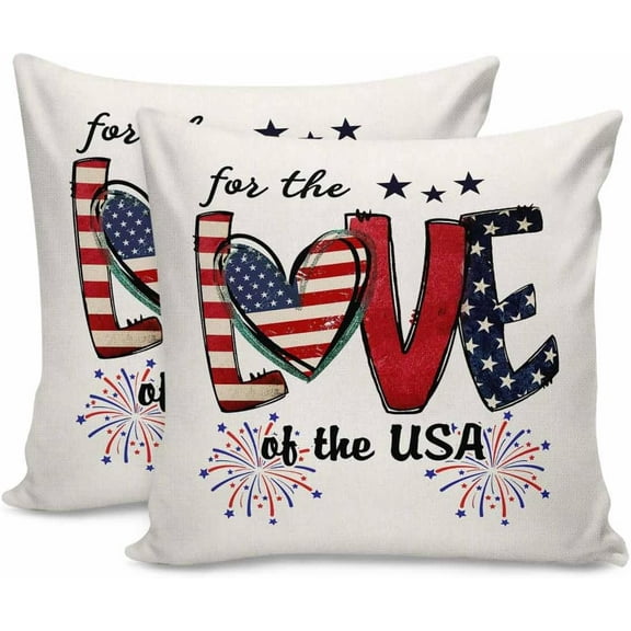 Square Throw Pillow Covers 18x18 inch Love American Flag July 4th Firework Stars Independence Day Pillow Cases for Couch Sofa Bed Home Decor Outdoor, Set of 2