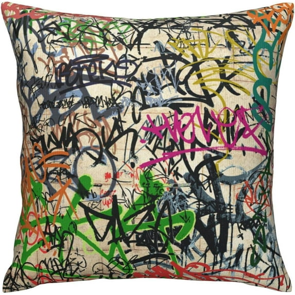 Square Throw Pillow Covers Graffiti Messy Alphabet Spray Paint Design Pillow Cases Decorative for Home Bedroom Sofa Pillowcases Standard Size 18X18 Inch