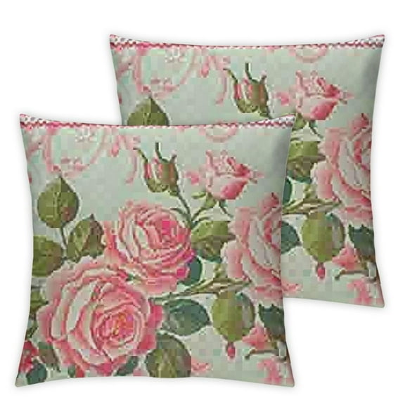 Square Throw Pillow Covers Pink Rose Blossom Floral Flowers with Polka Dots Pillow Cases Decorative for Home Bedroom Sofa Pillowcases Standard