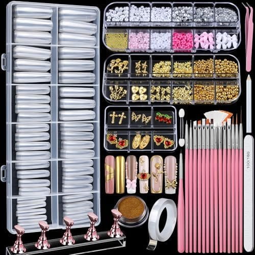 Square Tips with Charms Art Brushes, 240 count XXL Nails with Stand for Extensions, Clear Tips Gel Nails Long Full Coverage