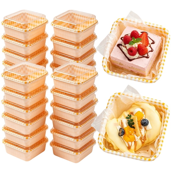 Square Tiramisu Holder with Clear Lid, 100 Pcs Orange Grid Pattern Dessert Boxes, 4.65” × 2.5“ Small Cake Tray, Bakery Takeout Containers for Cupcake, Cookie Packing, Party Supplies Yahome