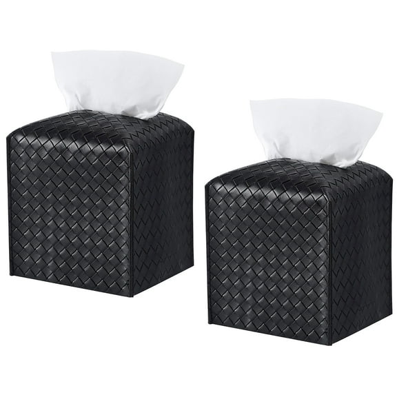 Square Tissue Box Cover - Black Tissue Box Cover for Room, Home & Office - Tissues Cube Boxes Holder (2 Pack)