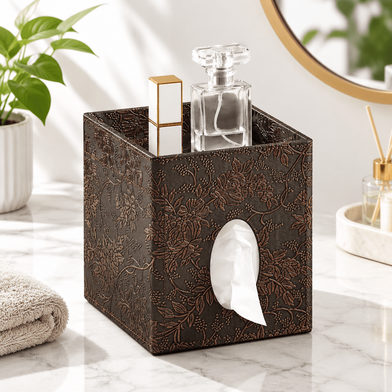 Square Tissue Box Cover Two-layer Brown Grape Pattern Leather Holder ...