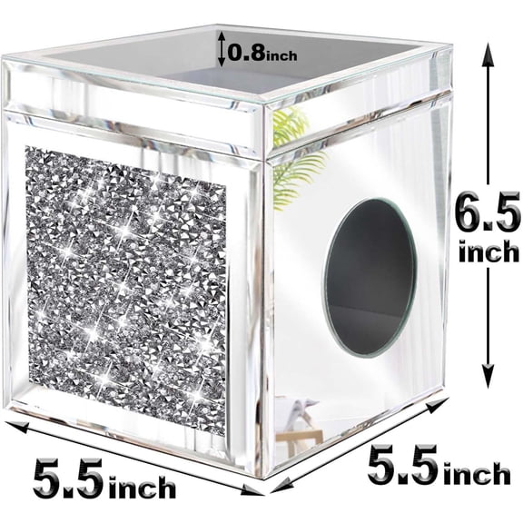 Square Tissue Box Cover Upgrades with Storage Tray, Crystal Crushed Diamond Tissue Box, Luxury Tissue Holders for Either Tissues in a Bathroom or Napkins on a Table (6.5”x5.5”x5.5”)