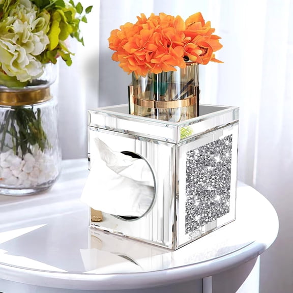Square Tissue Box Cover with Storage Tray, Crystal Crushed Diamond Tissue Box, Luxury Tissue Holders for Bathroom or Table.
