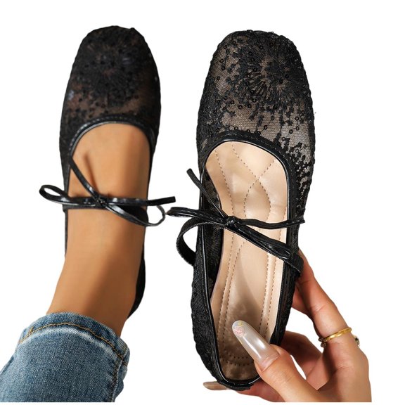 Square Toe Ballet Flats for Women Mary Jane Shoes with Strap Lace up Bow Flat Shoes Comfortable Closed Toe Dress Shoes for Women