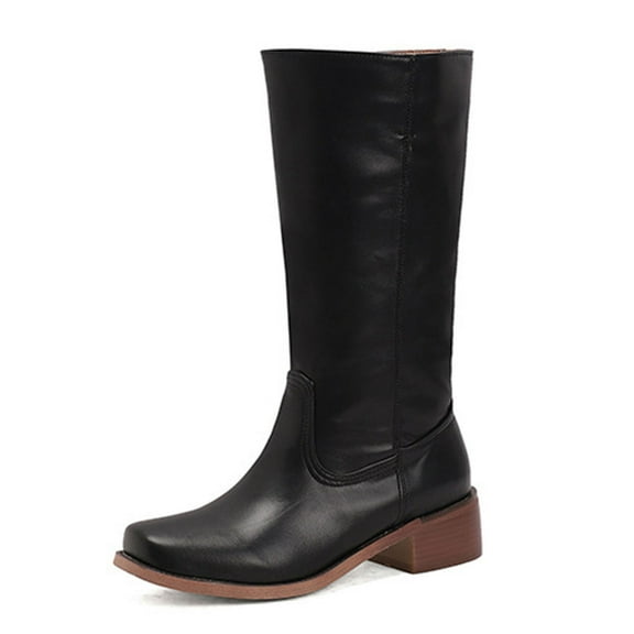 Square Toe Western Boots for Women Pull on Cowgirl Boots Retro Chunky Heel Wide Mid Calf Long Booties