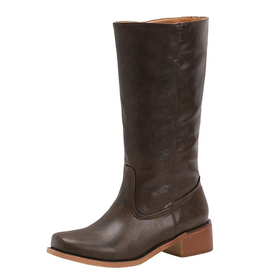 Square Toe Western Boots for Women Pull on Cowgirl Boots Retro Chunky Heel Wide Mid Calf Long Booties