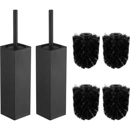 Square Toilet Brush with Holder,Stainless Steel 304 Rubber Painted Toilet Bowl Brush and Holder for Bathroom,2 Cleaner Brush Heads,Black