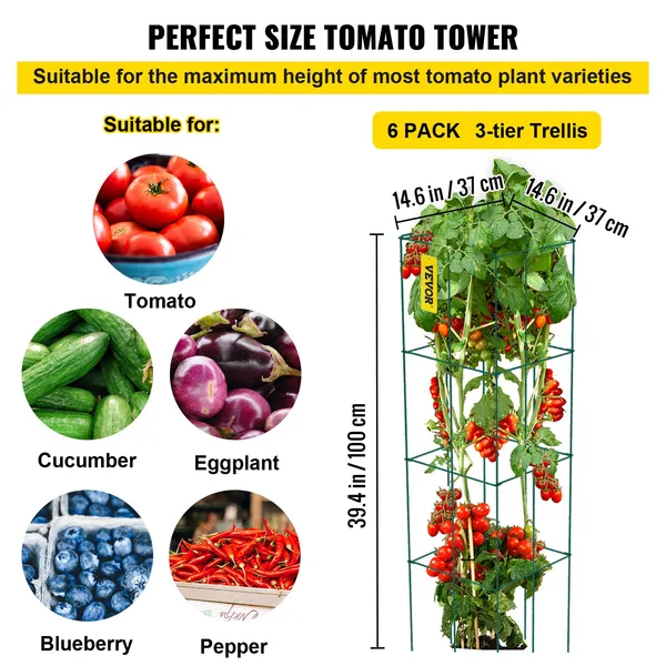 Square Tomato Cages-14.6"x14.6"x39.4",Set of 6 Green PVC-Coated Steel Support Towers for Climbing Vegetables,Plants,Flowers and Fruits