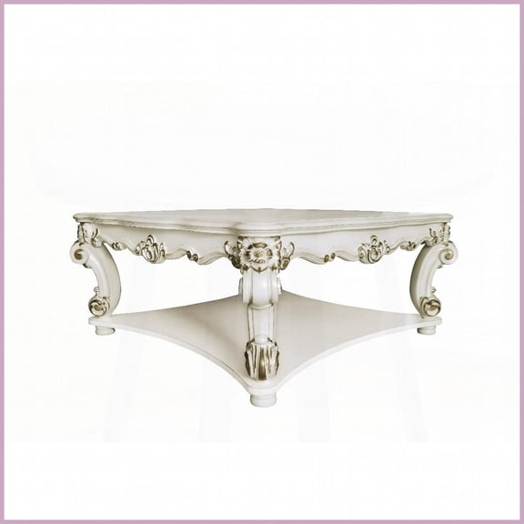 Square Transitional Coffee Table with Antique Pearl Finish Easy Assembly & Bottom Shelf for Living Room