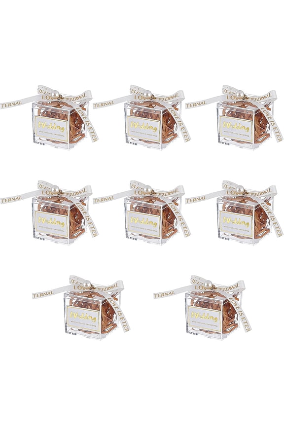 Square Transparent Candy Gift Boxes with Imitated Pearls Rhinestone Pendants Raffia Crinkle Cut Paper Shred Filler and Sticker Sea Green 5.5x5.5x5.6cm