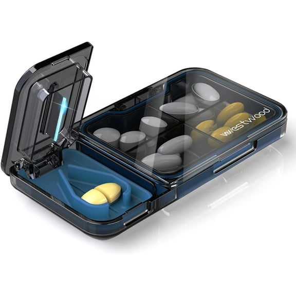 Square Travel Pill Organizer with Pill Cutter Splitter, 4 Compartments Pill Case, Small Pill Box for Pocket Purse, Daily Pill Container to Hold Vitamins Cod Liver Oil Supplements, Medicine Planner