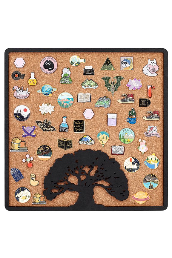 Square Tree of Life Pin Board Cork Board 11.8x11.8inch Bulletin Display Board Wall Mounted Cork Board with Black Frame for Brooch